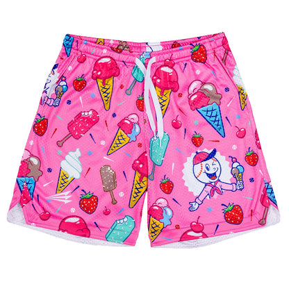 Bleacher Babe pink mesh shorts with ice cream cone, popsicle, and strawberry print. Features a baseball player graphic.