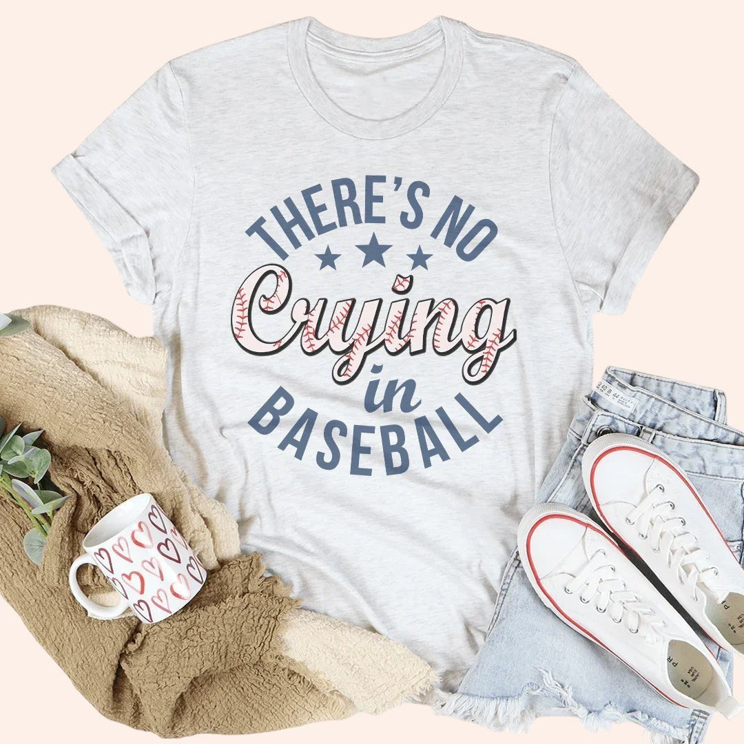 Bleacher Babe light heather grey t-shirt with "There's No Crying in Baseball" graphic in blue and pink.