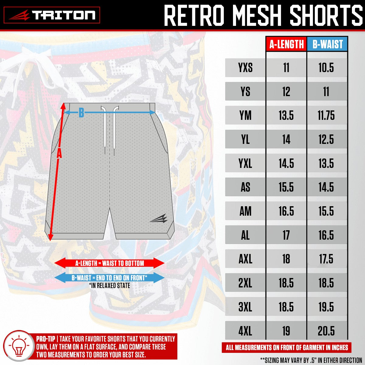 Bleacher Babe Nukes N Naners Bananas mesh lifestyle baseball shorts with a colorful geometric pattern. Size chart included.