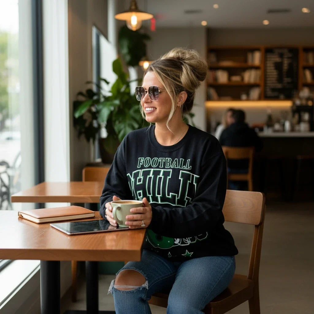Bleacher Babe black oversized crewneck sweatshirt with green Philly football graphic worn by a woman in a cafe
