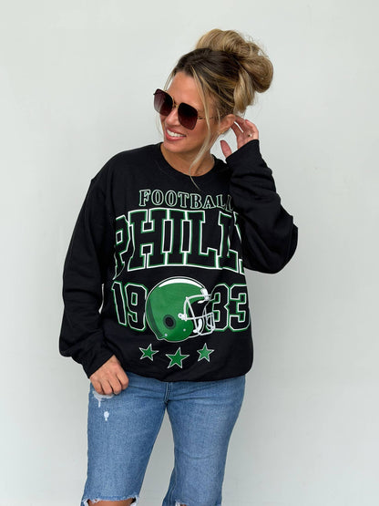 Bleacher Babe black unisex sweatshirt with vintage green Philadelphia football screen print and star graphics