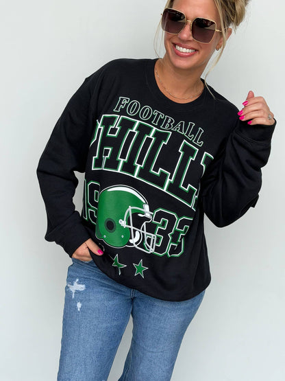 Bleacher Babe black unisex oversized sweatshirt with green and white vintage football screen print graphic