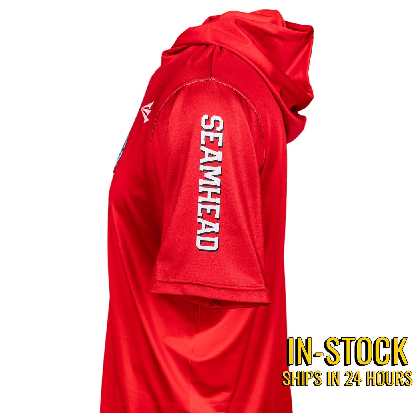 Bleacher Babe Seamhead HyperMAX short sleeve baseball hoodie in red, featuring performance fabric and a classic design.