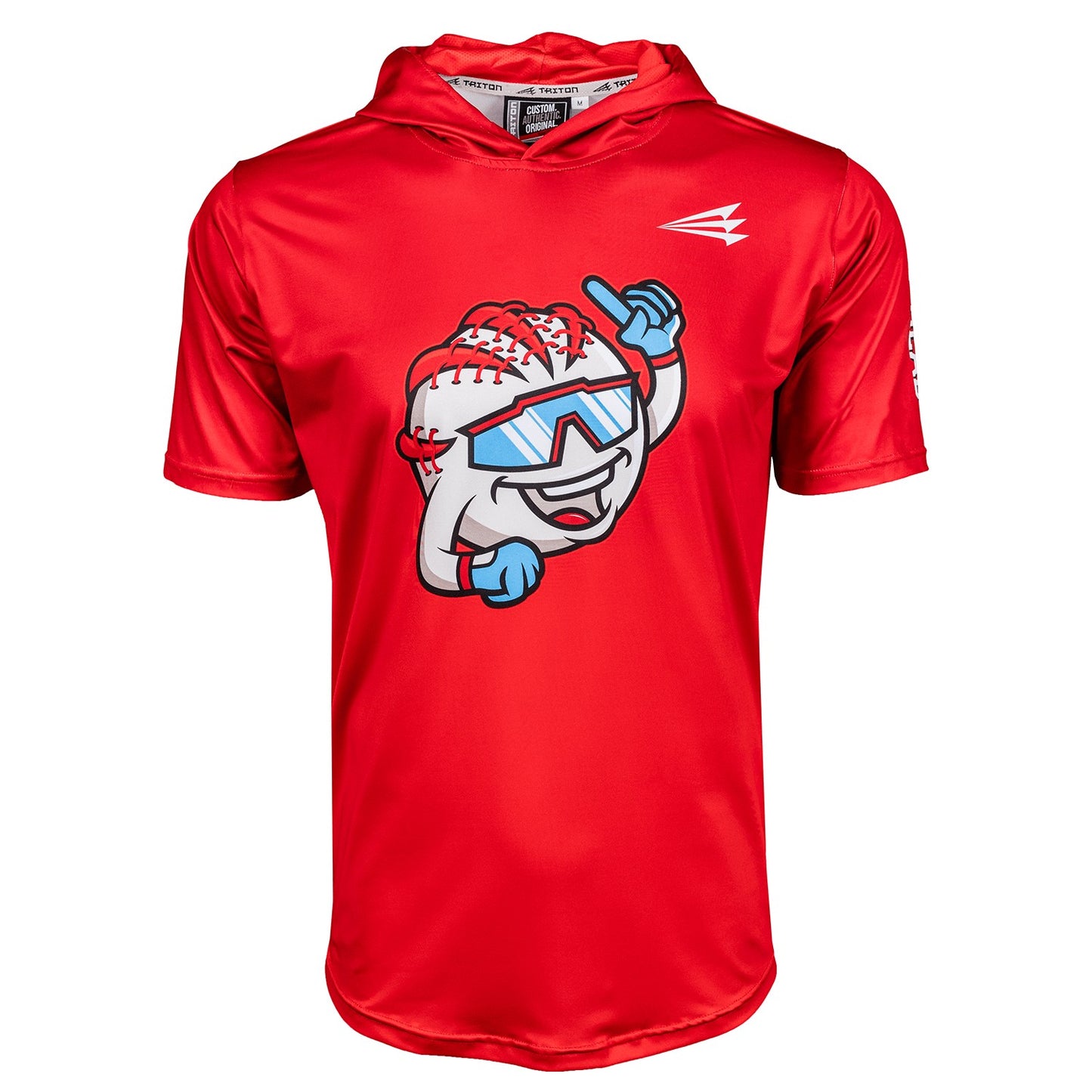 Bleacher Babe Seamhead HyperMAX short sleeve baseball hoodie in red with a cartoon baseball graphic.