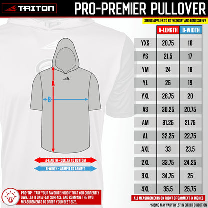 Bleacher Babe Seamhead HyperMAX Short Sleeve Baseball Hoodie sizing chart with measurements for length and width.