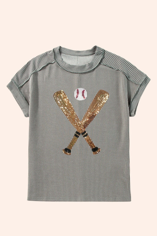 Bleacher Babe striped baseball tee with gold sequin crossed bats and baseball graphic.