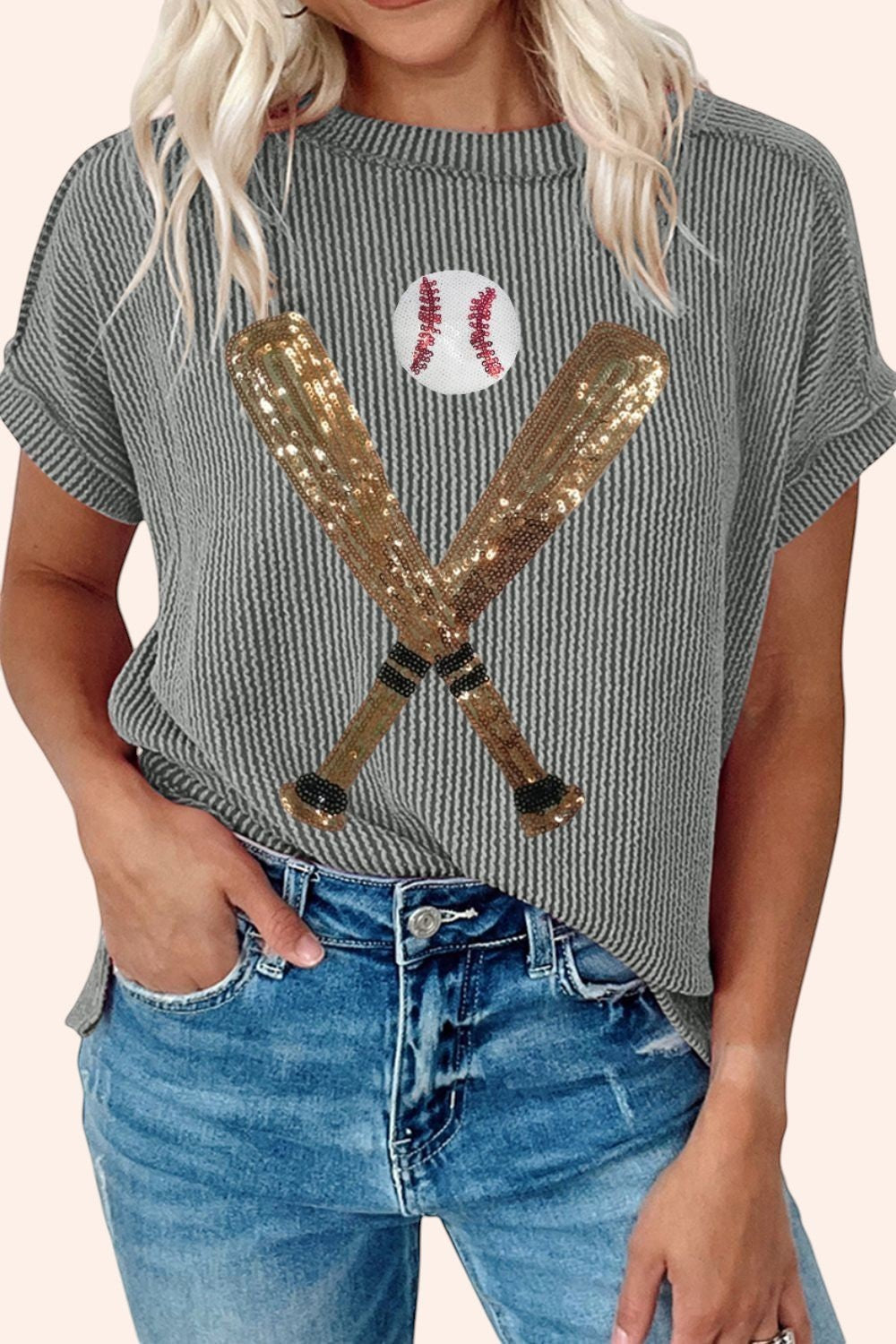 Bleacher Babe grey striped t-shirt with gold sequin baseball bats and ball graphic. Relaxed fit.