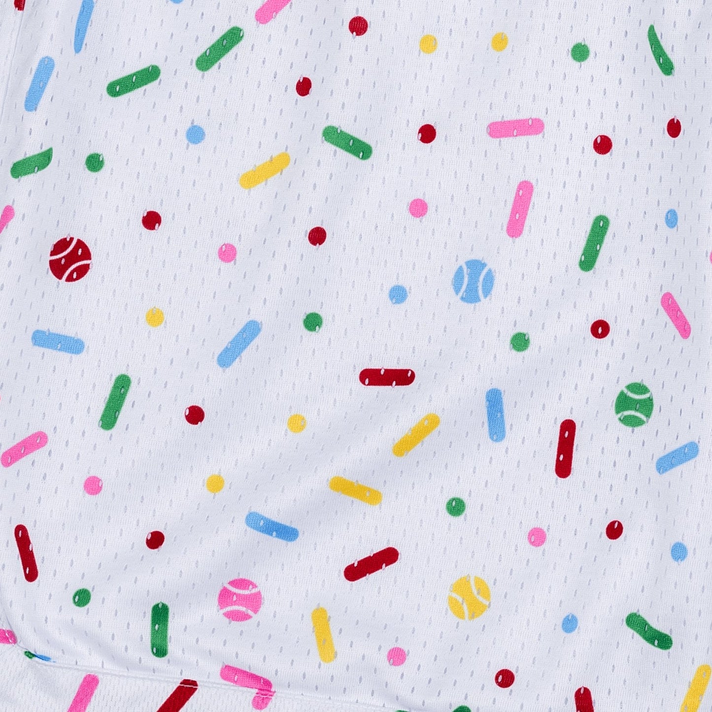 Bleacher Babe white mesh shorts with a colorful sprinkles and baseball print. Youth and adult sizing available.