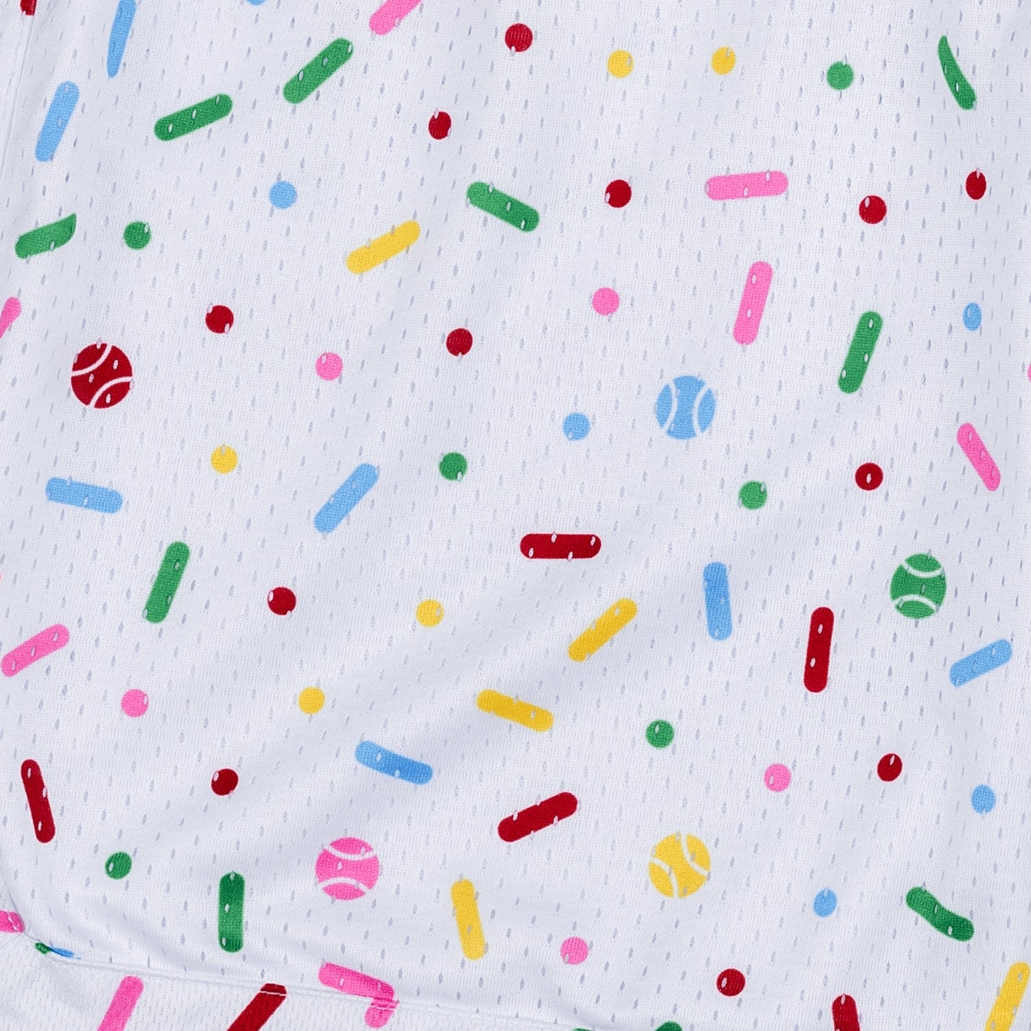 Bleacher Babe white mesh shorts with a colorful sprinkles and baseball print. Youth and adult sizing available.