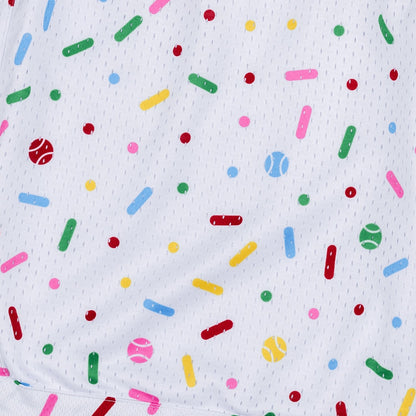 Bleacher Babe white mesh shorts with a colorful sprinkles and baseball print. Youth and adult sizing available.