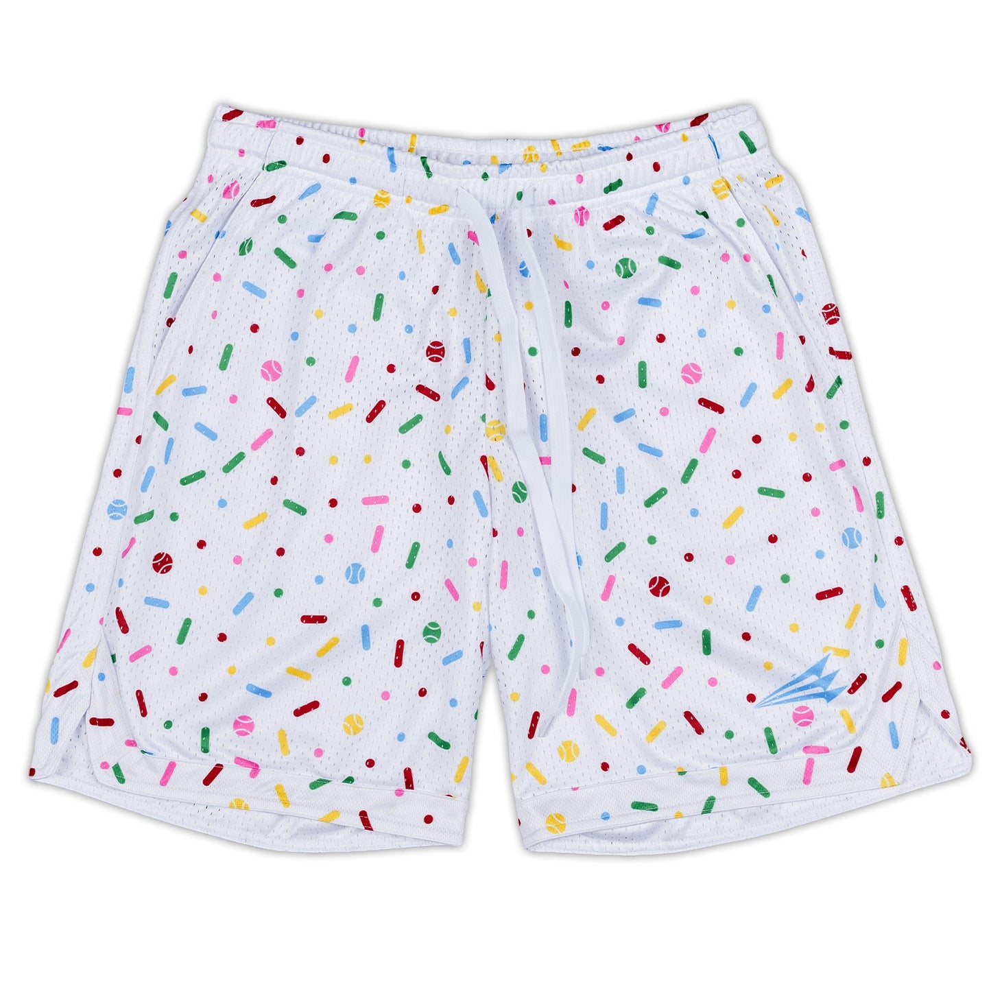 Bleacher Babe white mesh baseball shorts with colorful sprinkles and small baseball print. Elastic waist and drawstring.