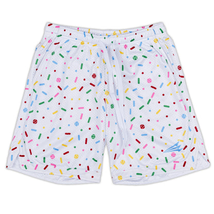 Bleacher Babe white mesh baseball shorts with colorful sprinkles and small baseball print. Elastic waist and drawstring.