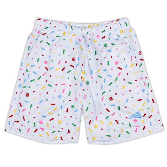 Bleacher Babe white mesh baseball shorts with colorful sprinkles and small baseball print. Elastic waist and drawstring.
