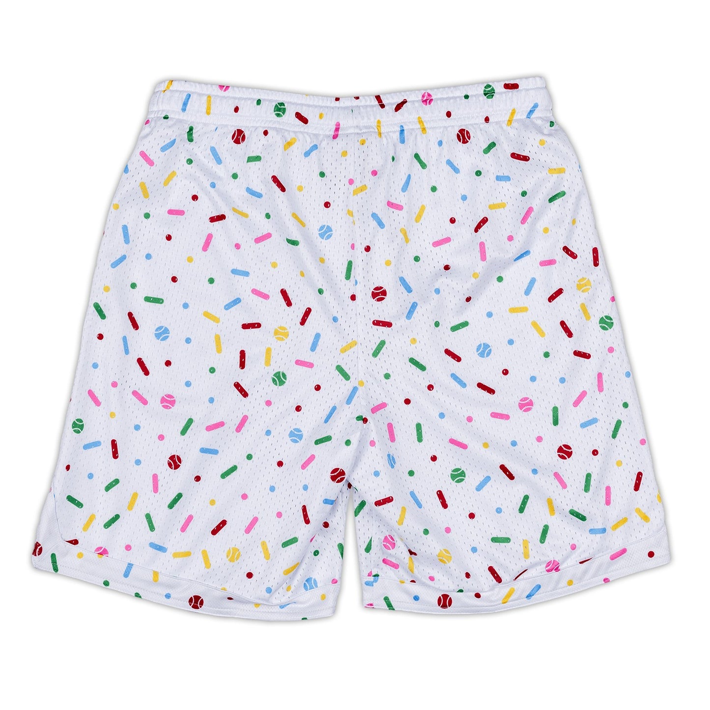 Bleacher Babe white mesh baseball shorts with a colorful sprinkles and mini baseball print. Youth and adult sizing available.