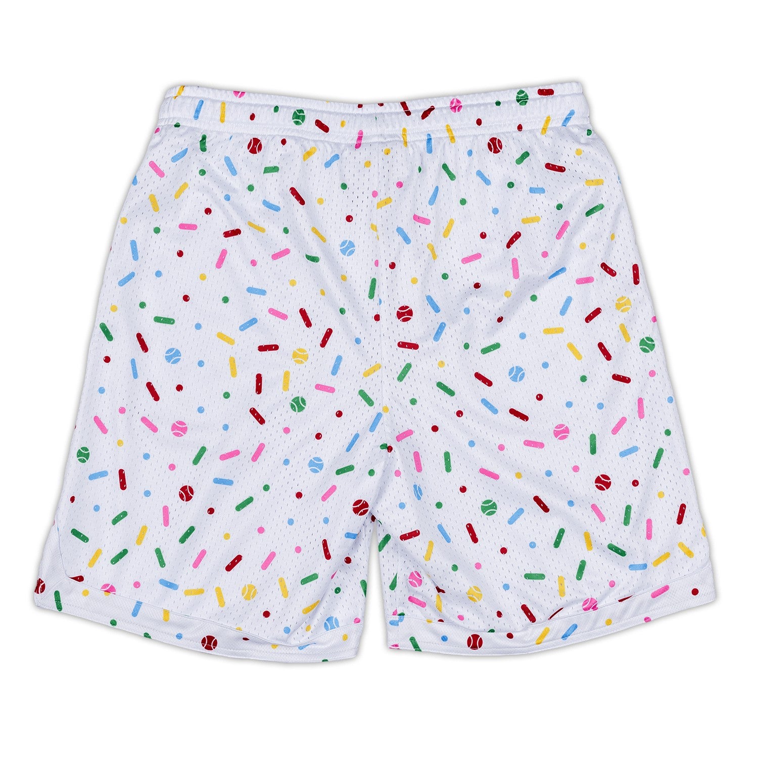 Bleacher Babe white mesh baseball shorts with a colorful sprinkles and mini baseball print. Youth and adult sizing available.
