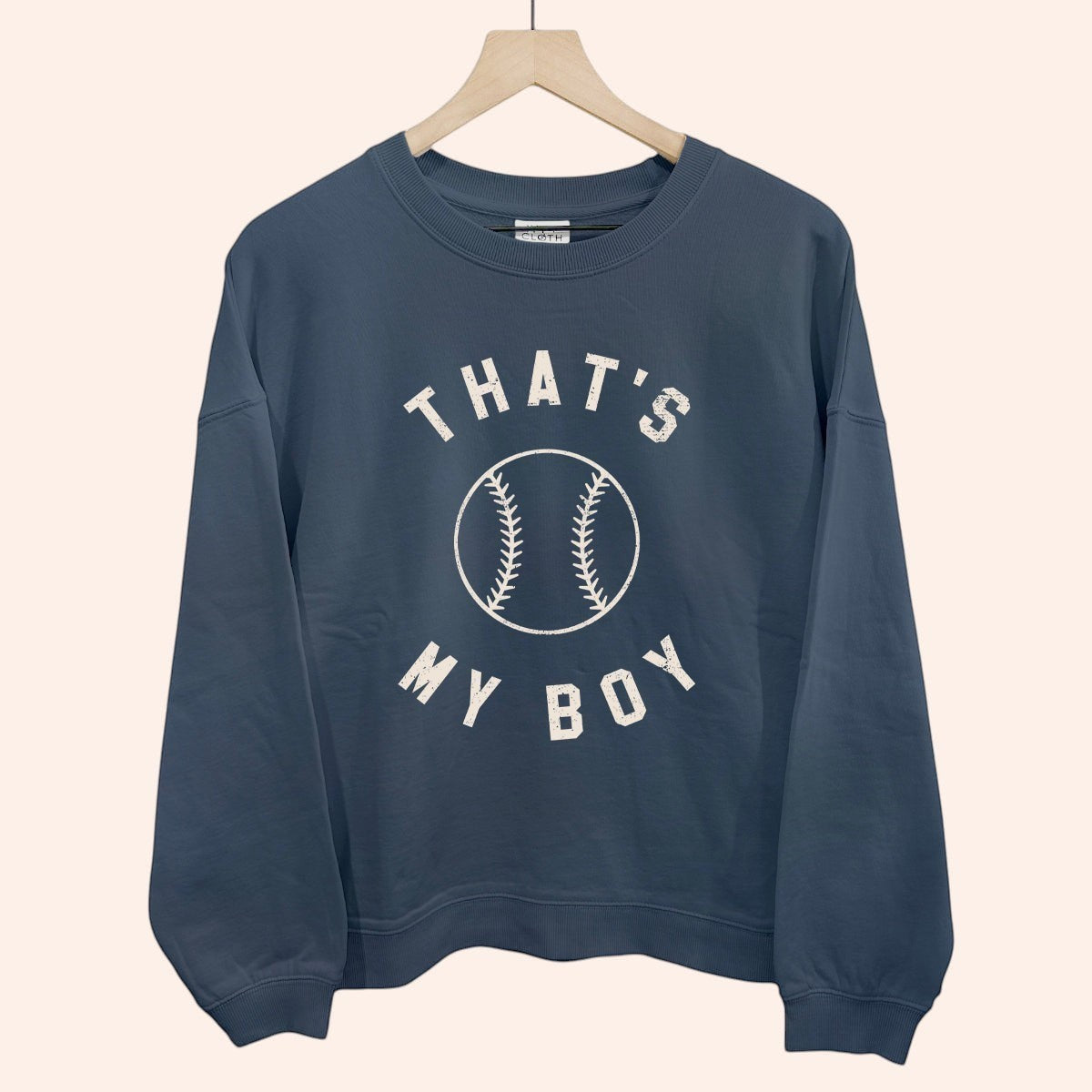 Bleacher Babe navy blue crewneck sweatshirt with "That's My Boy" and baseball graphic.