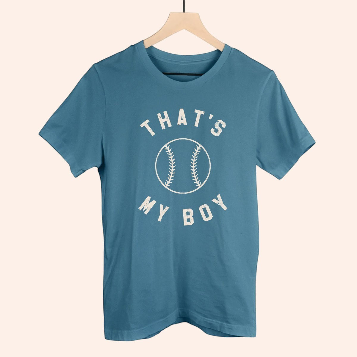 Bleacher Babe blue cotton t-shirt with "That's My Boy" baseball graphic. Perfect for game day.
