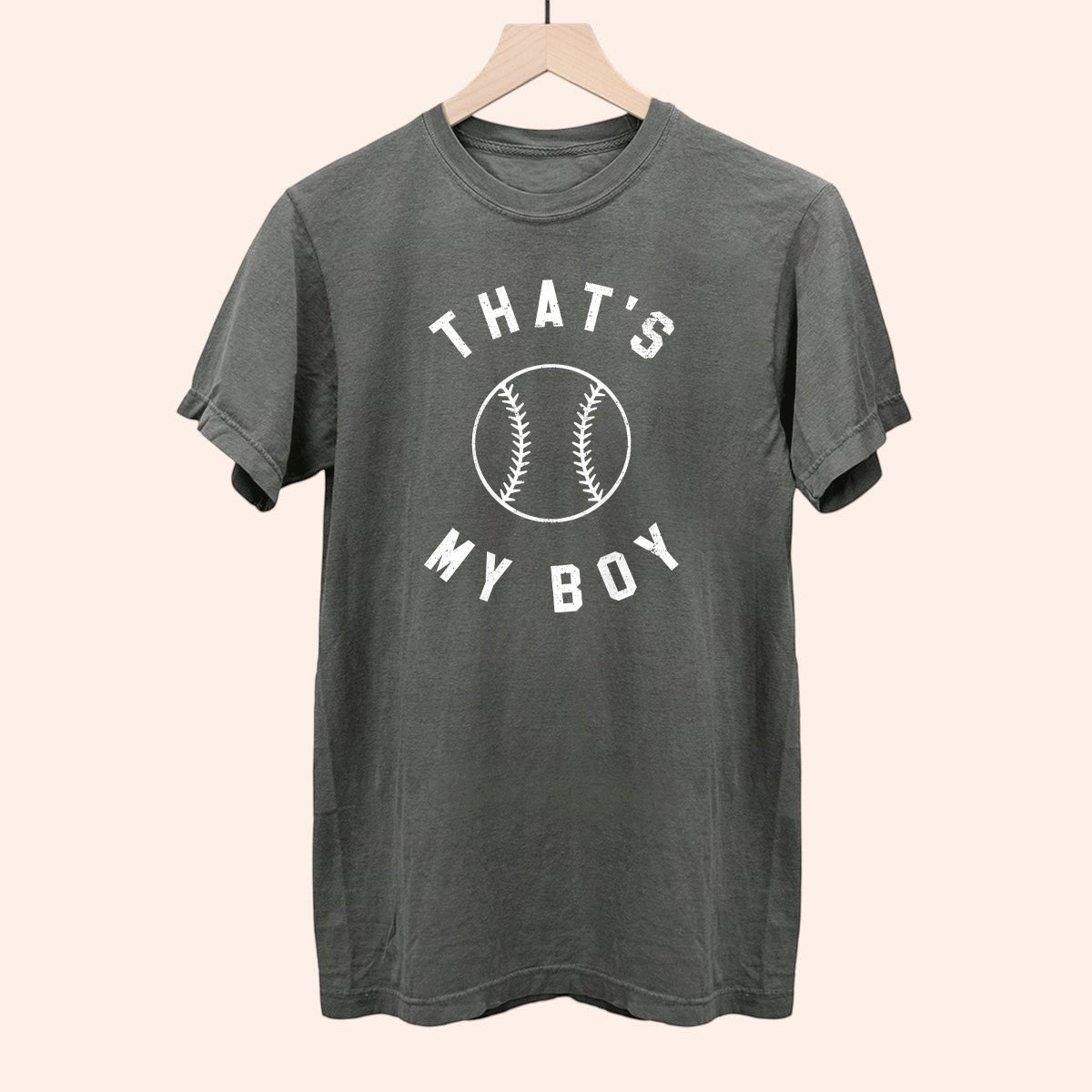 Bleacher Babe charcoal grey cotton t-shirt with white "That's My Boy" baseball graphic. Perfect for game day.