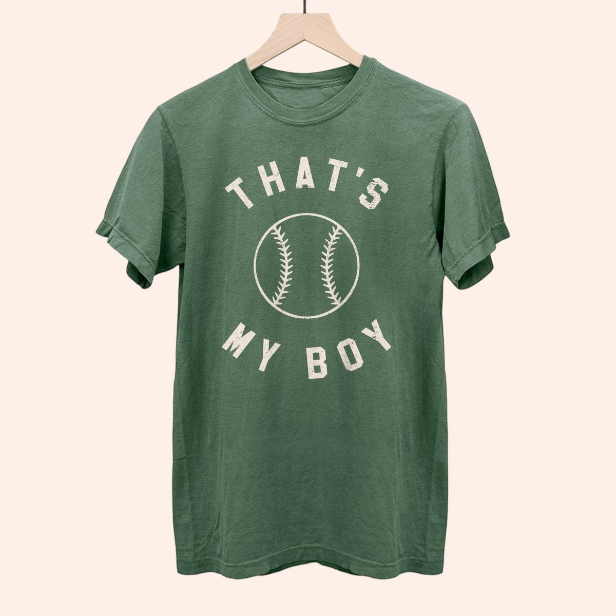 Bleacher Babe green cotton t-shirt with "That's My Boy" baseball graphic. Perfect for game day.