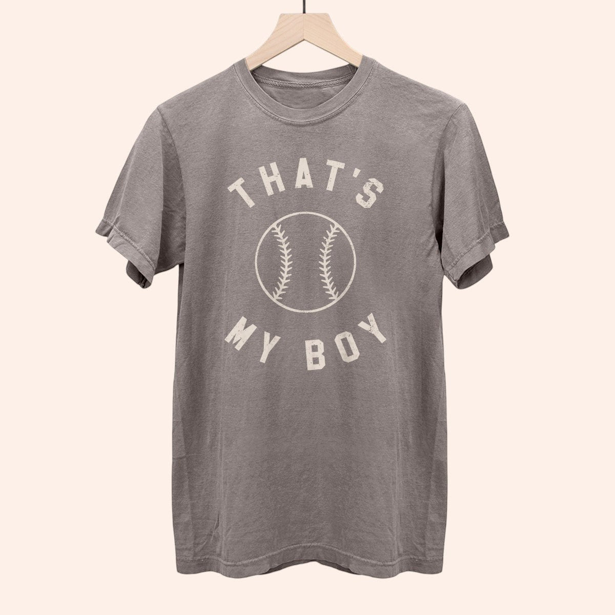 Bleacher Babe grey cotton t-shirt with "That's My Boy" baseball graphic. Perfect for game day.