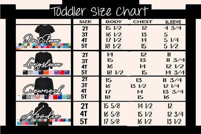 Bleacher Babe Toddler size chart for short sleeve, long sleeve, crewneck, and hoodie styles.