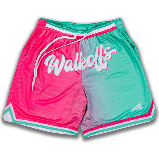 Bleacher Babe Watermelon Walkoffs mesh shorts in pink and teal with white drawstring and trim. Features 'Walkoffs' text.