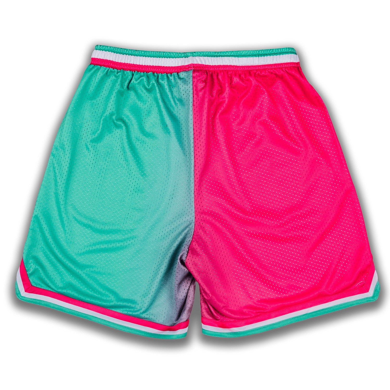 Bleacher Babe Watermelon Walkoffs mesh shorts in teal and hot pink with white trim. Lightweight and breathable.