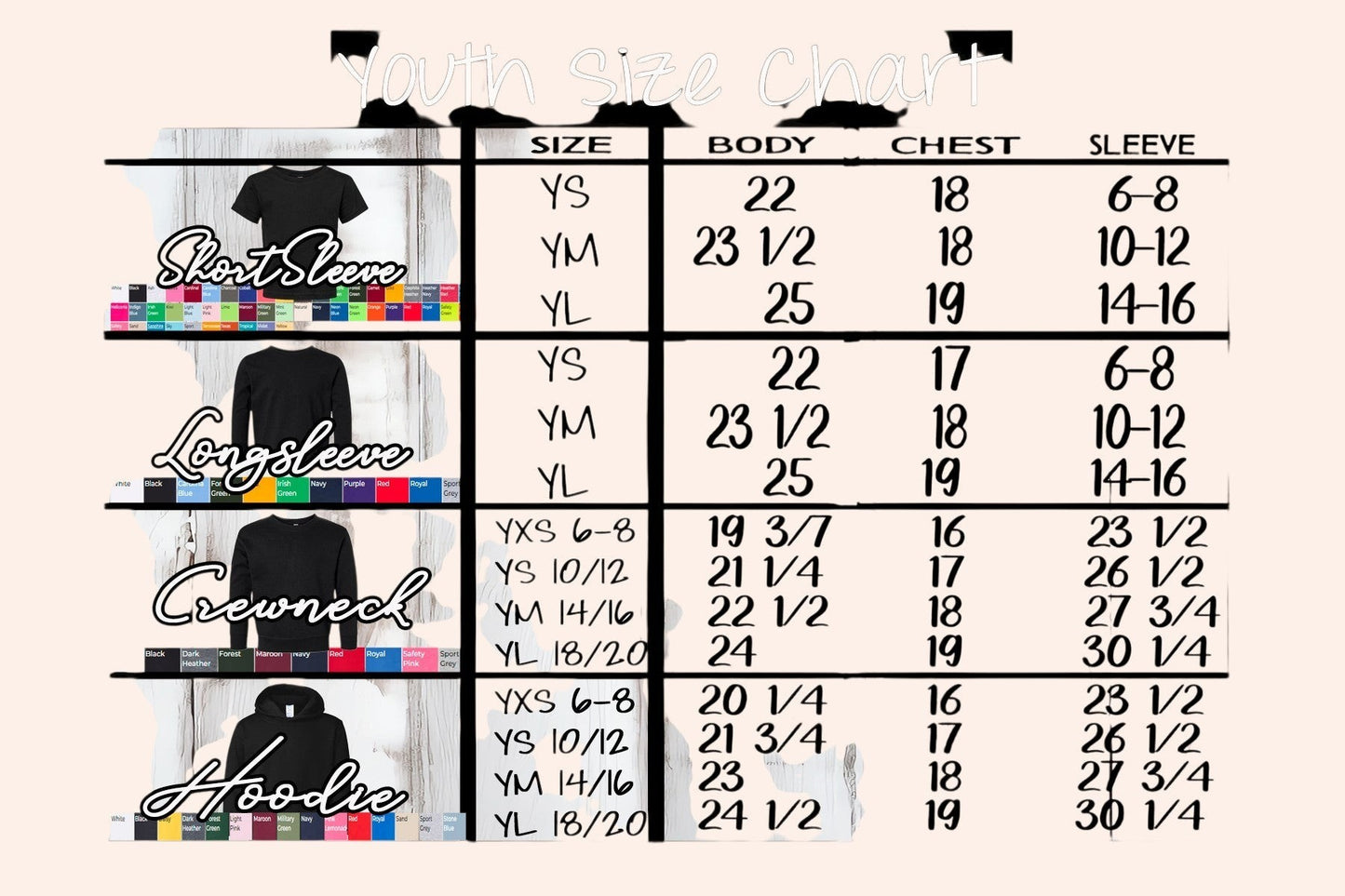 Bleacher Babe youth size chart for short sleeve, long sleeve, crewneck, and hoodie apparel.