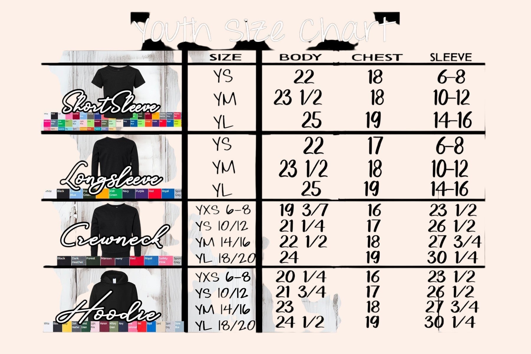 Bleacher Babe youth size chart for short sleeve, long sleeve, crewneck, and hoodie apparel.