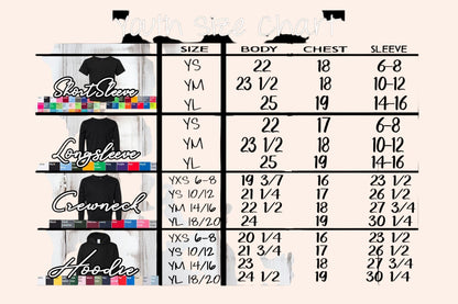 Bleacher Babe youth size chart for short sleeve, long sleeve, crewneck, and hoodie apparel.