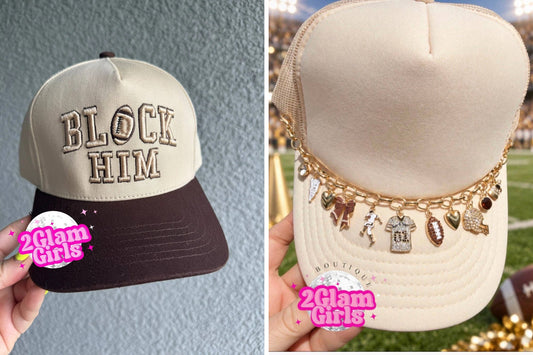 Block Him football hat and gold football hat chain set