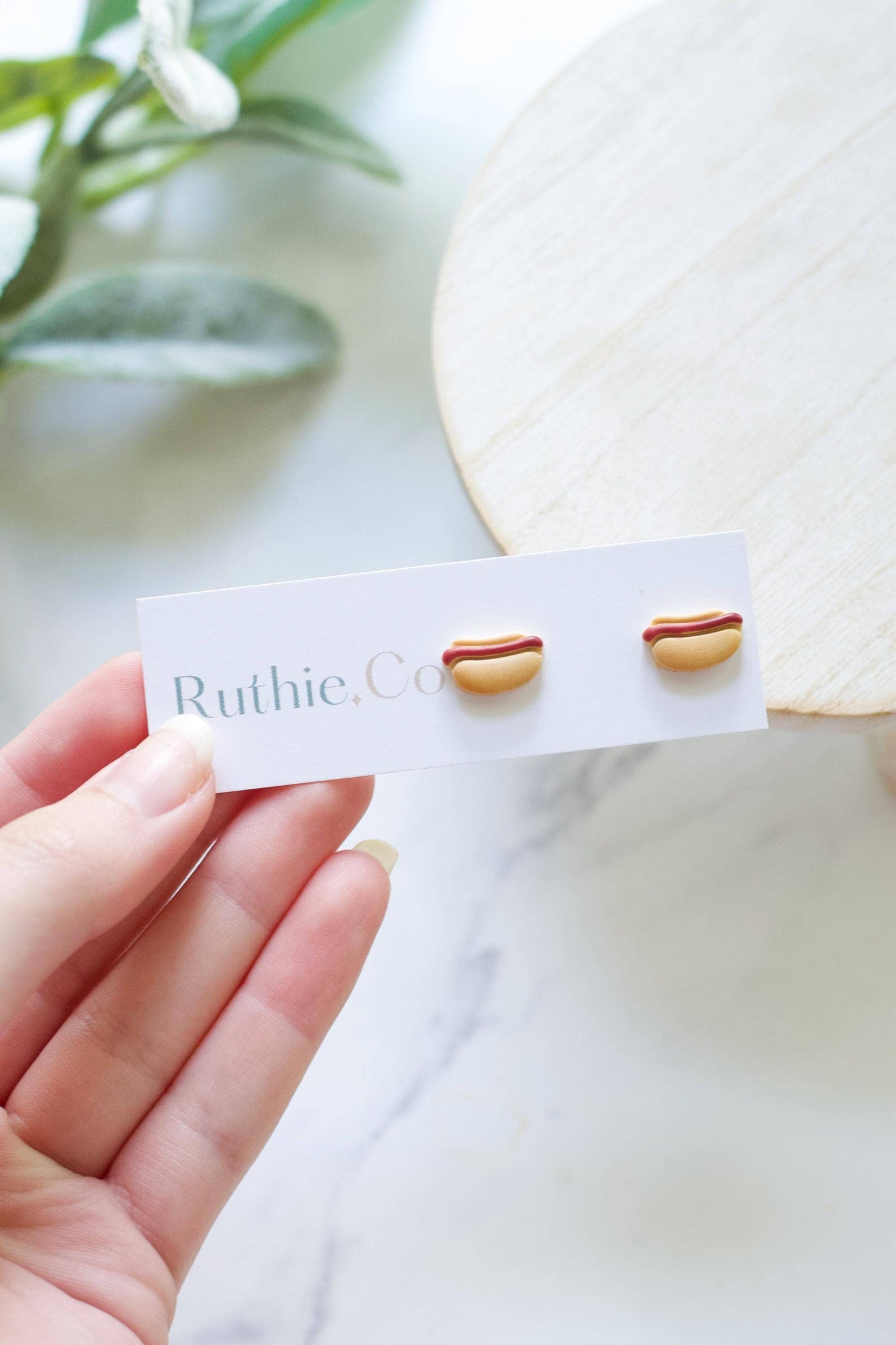 Hot Dog Stud Earrings | Polymer Clay Food Earrings - front view | Bleacher Babe