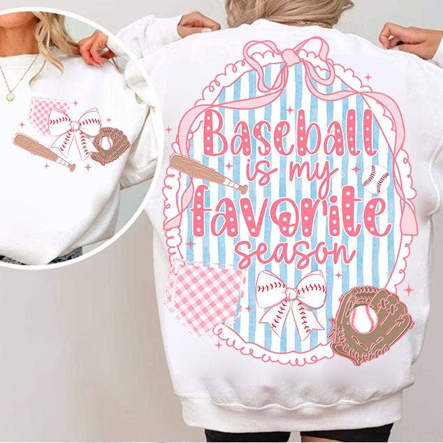 Back view of Baseball Is My Favorite Season graphic sweatshirt in white – bold pink DTG print with bow, baseball, and glove design