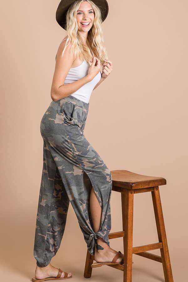 Camo Print Split Side Ankle Tie Women's Casual Pants - lifestyle photo | Bleacher Babe