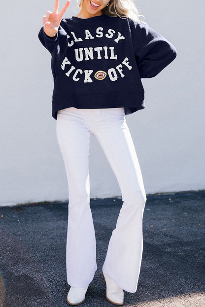 Classy Until Kickoff -- Plush Letter Patch Loose Sweatshirt in Black