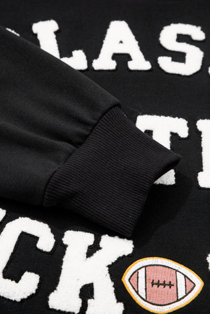 Classy Until Kickoff -- Plush Letter Patch Loose Sweatshirt in Black