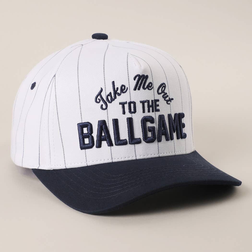 Take Me Out to the Ballgame Pinstripe Trucker Hat - detail view | Bleacher Babe
