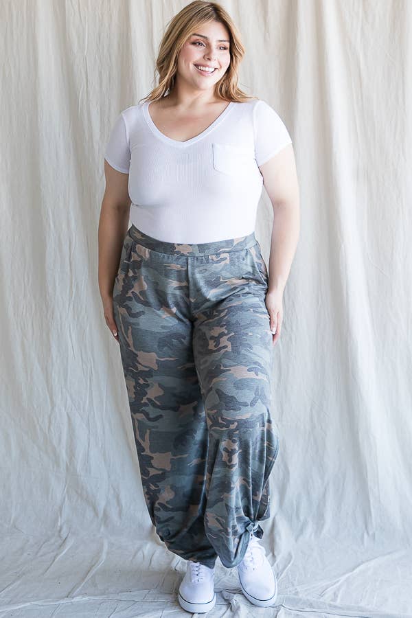 Camo Print Plus-Size Women's Pants - detail view | Bleacher Babe