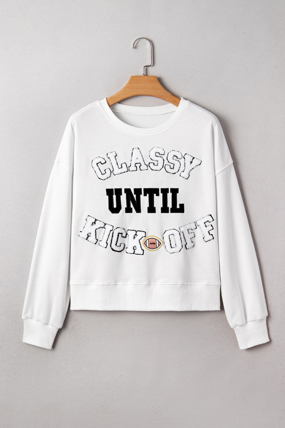 Classy Until Kickoff -- Plush Letter Patch Loose Sweatshirt in Black
