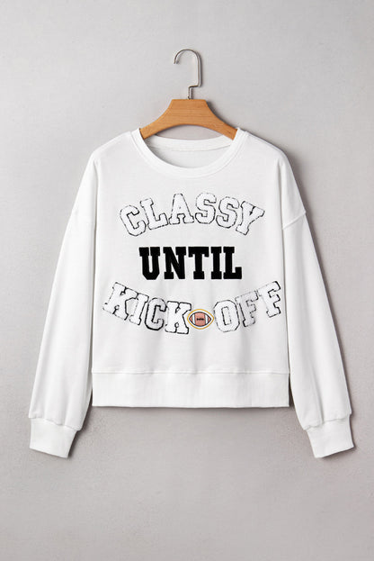Classy Until Kickoff -- Plush Letter Patch Loose Sweatshirt in Black