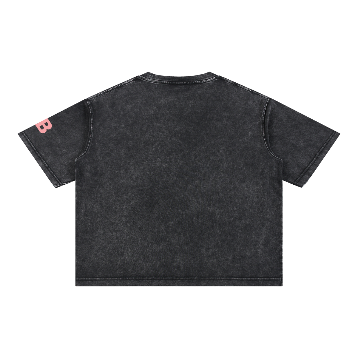 Back of black mineral wash Let's Hear It for the Boys tee with pink BB sleeve monogram