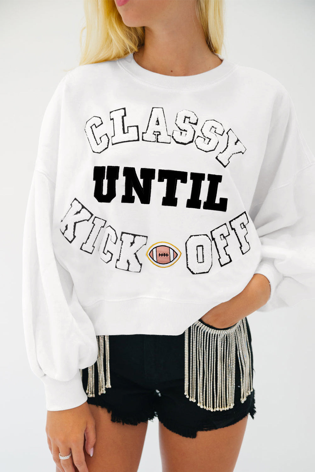 Classy Until Kickoff -- Plush Letter Patch Loose Sweatshirt in Black