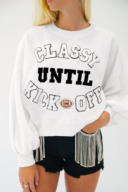 Classy Until Kickoff -- Plush Letter Patch Loose Sweatshirt in Black