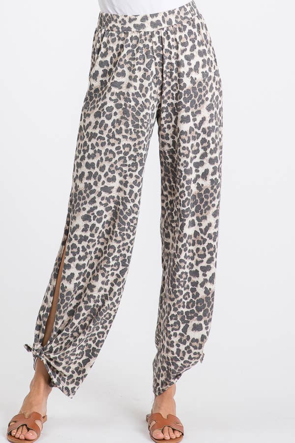 Leopard Print Lightweight Split Side Ankle Tie Pants - detail view | Bleacher Babe