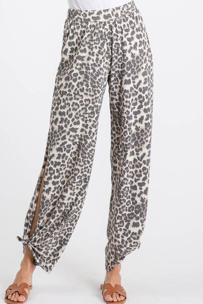 Leopard Print Lightweight Split Side Ankle Tie Pants - detail view | Bleacher Babe
