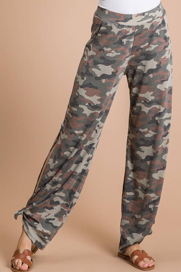 Camo Print Split Side Ankle Tie Women's Casual Pants - detail view | Bleacher Babe
