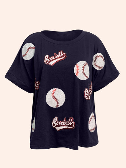 Baseball Graphic Round Neck Half Sleeve Tee — Women's Game Day Baseball Shirt