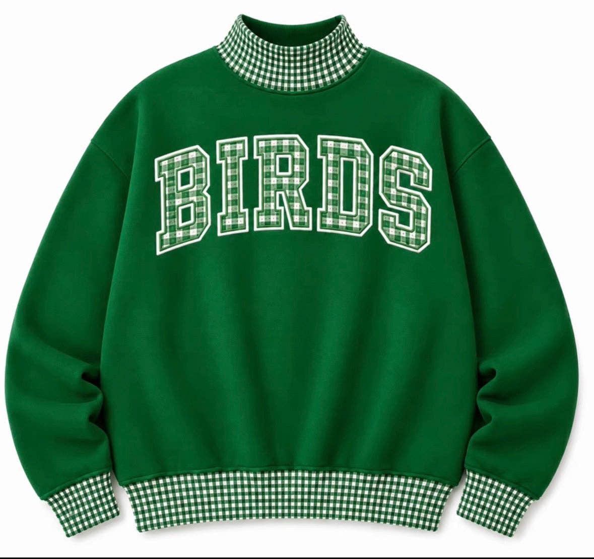 Kelly green mockneck sweatshirt with BIRDS in green and white gingham letters and gingham collar, cuffs and hem