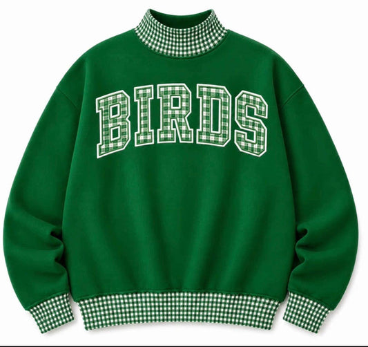 Kelly green mockneck sweatshirt with BIRDS in green and white gingham letters and gingham collar, cuffs and hem