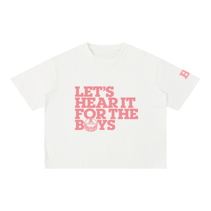 White Let's Hear It for the Boys football tee by Bleacher Babe, front view